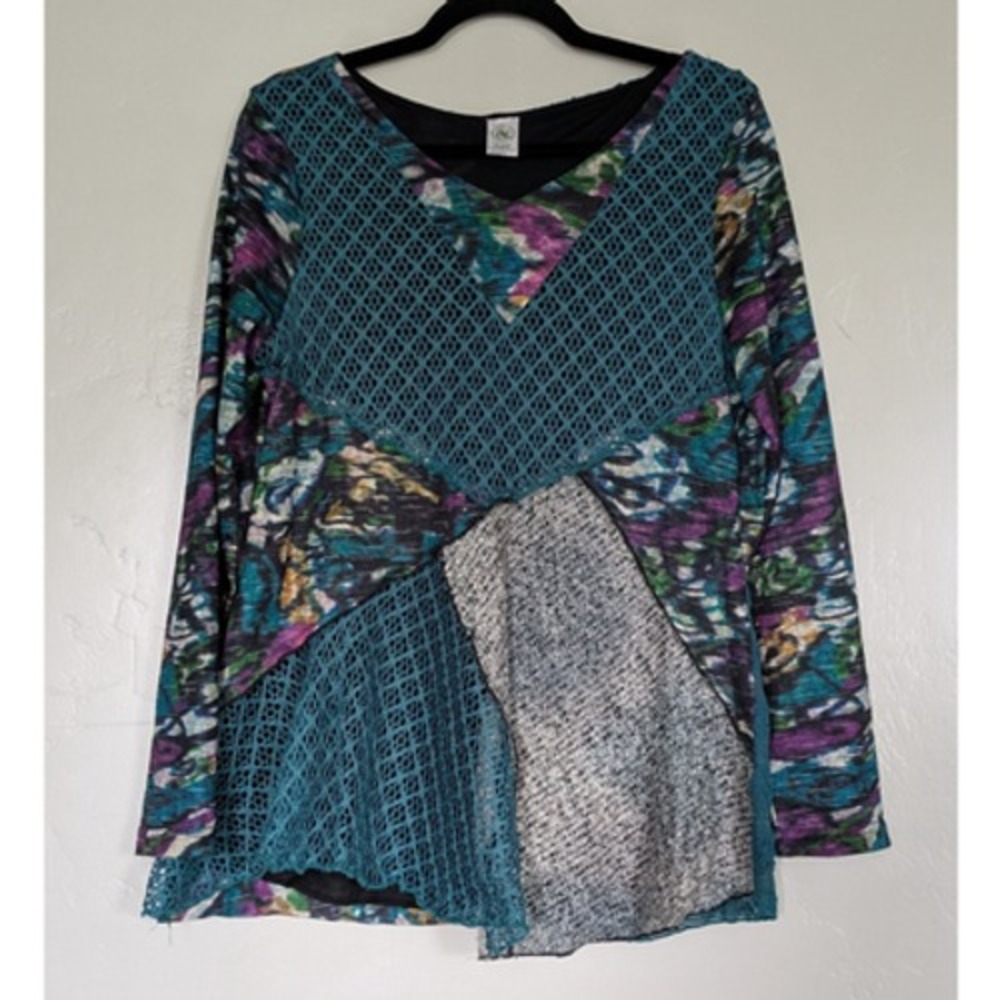 This & That Tunic Top Women XL Teal Purple Patchwork Mixed Media Boho V-Neck